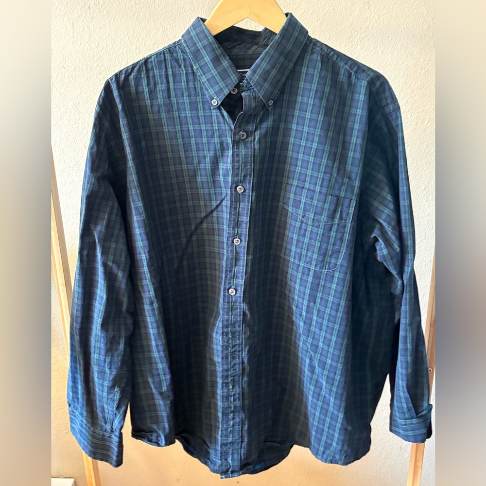 Club Room Men's 18 34/35 Navy Green Plaid Shirt 100% Cotton Regular Fit